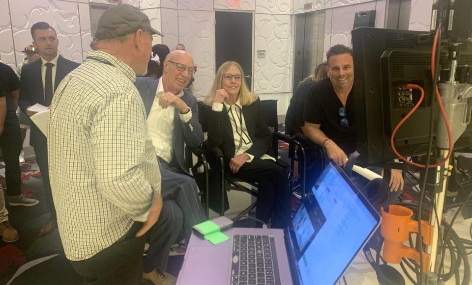 Bob and Dolores Granieri, center, owners of Scarlet Pearl Casino in D’Iberville, watch with producer Randall Emmett and other members of the production crew as the movie “Cash Out” is filmed.