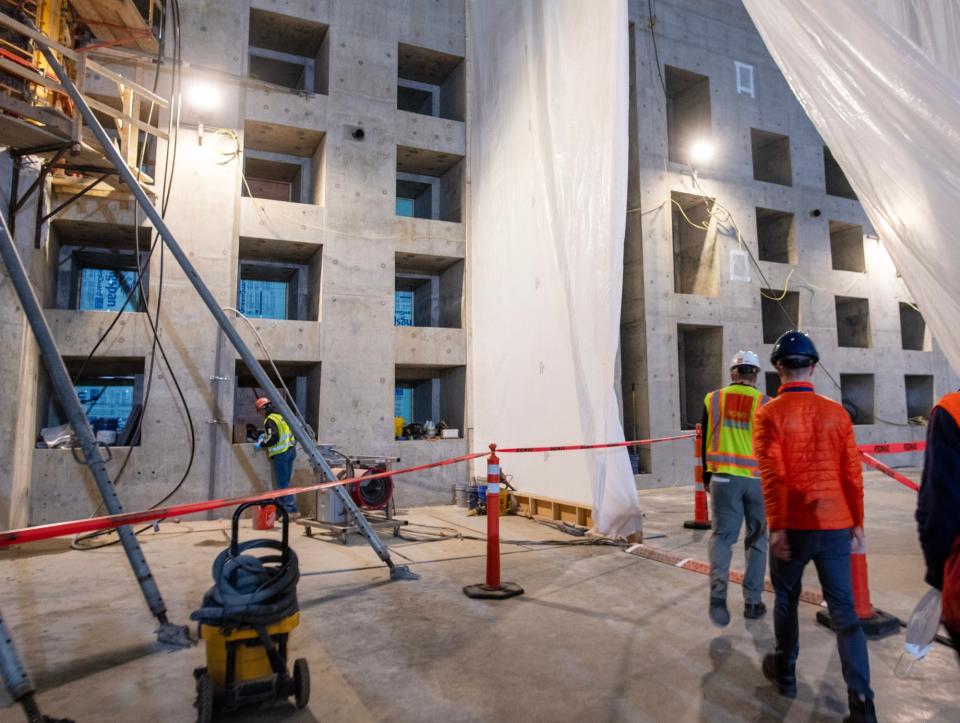 Construction continues Friday on a concrete structure that will house the SPARC, a fusion energy demonstration device at Commonwealth Fusion Systems in Devens.