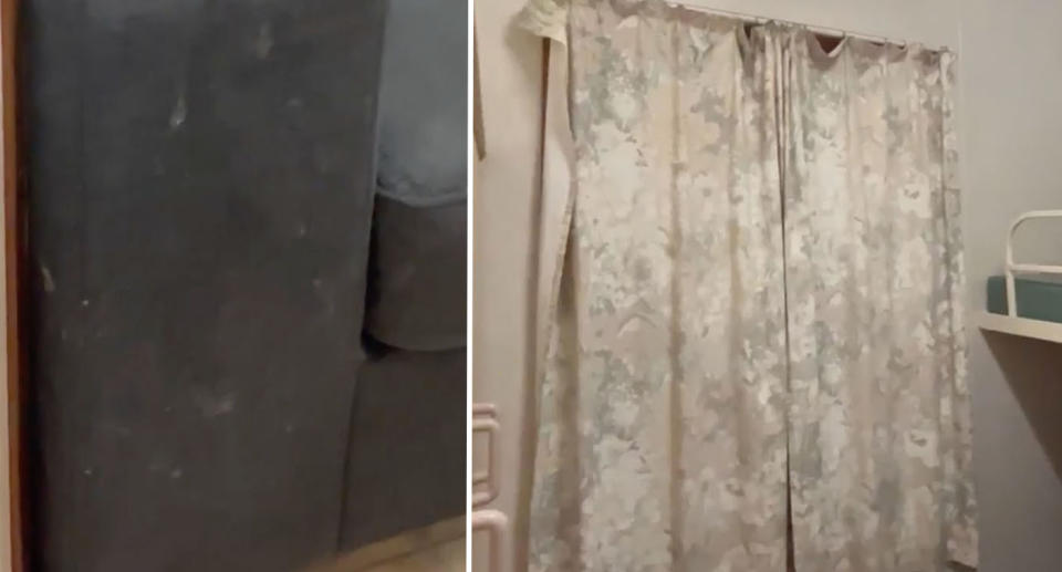 A close up of a dirty couch (left) and a worn curtain (right).