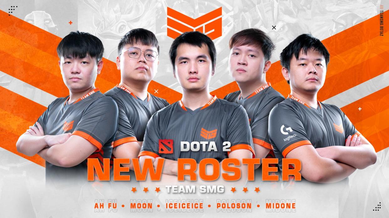 Ah Fu, Moon, Iceiceice, Poloson and Midone standing with arms folded