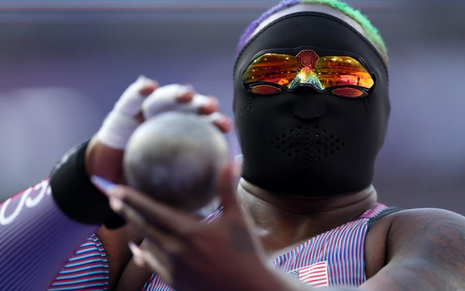 Raven Saunders of Team United States competes with a mask in the Women's Shot Put Qualification on day thirteen of the Olympic Games