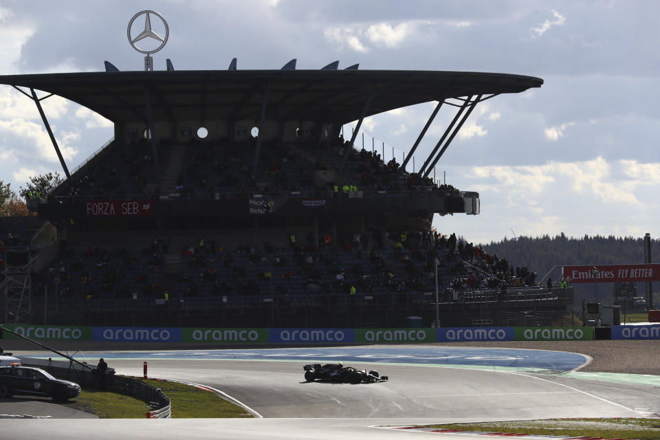 Mercedes driver Valtteri Bottas of Finland steers his car during the qualifying session for the Eifel Formula One Grand Prix at the Nuerburgring racetrack in Nuerburg, Germany, Saturday, Oct. 10, 2020. The Germany F1 Grand Prix will be held on Sunday. (AP Photo/Matthias Schrader, Pool)