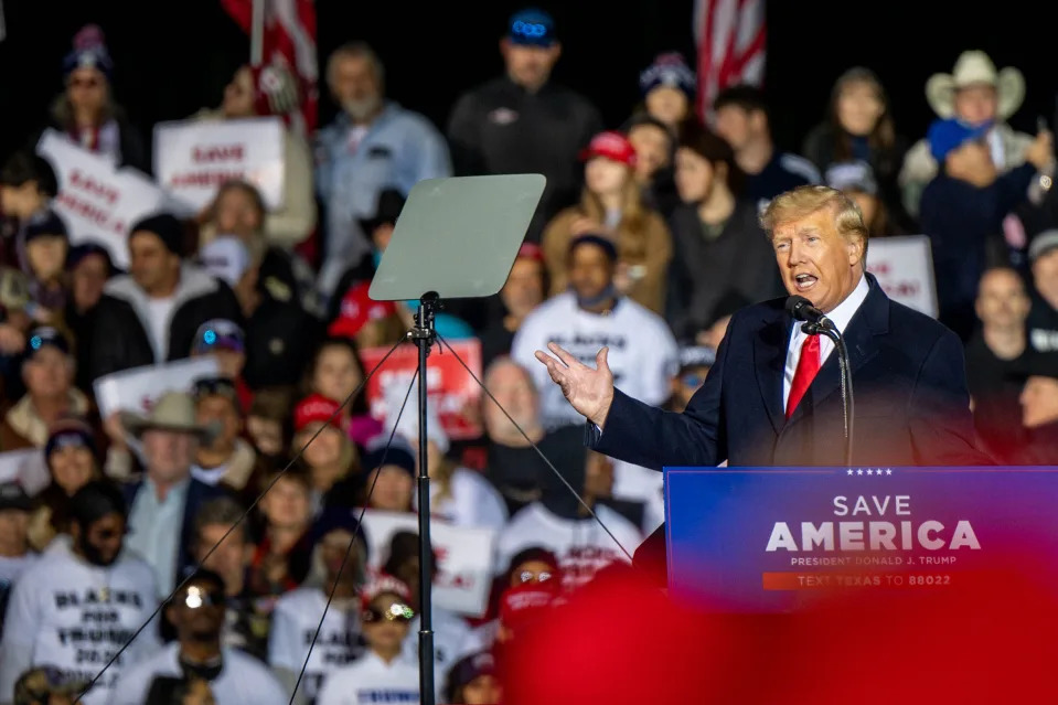 Former President Donald Trump speaks during the &#39;Save America&#39; rally at the Montgomery County Fairgrounds on January 29, 2022 in Conroe, Texas