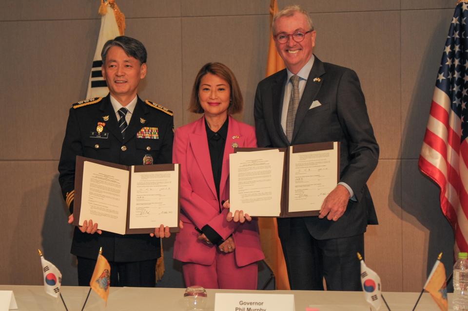 Jiho Cho, Assemblywoman Ellen Park and Gov. Phil Murphy at the New Jersey - South Korea Driver’s License Reciprocity event. Seoul, South Korea.