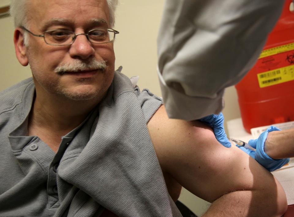 Steve Sierzega receives a measles, mumps and rubella vaccine at the Rockland County Health Department in Pomona, New York, on March 27, 2019.