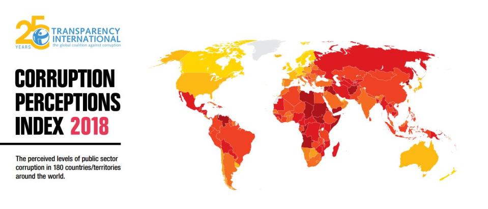 <p>Nella mappa, i colori più tendenti al giallo riguardano gli stati meno corrotti, mentre quelli più scuri e rossi hanno un problema molto grave riguardo a questo tema. Tra gli Stati che devono migliorar ci sono Brasile, Russia, Cina e India; all’ultimo posto della classifica c’è la Somalia, afflitta dalla povertà, dalla presenza del terrorismo e dall’inesistenza delle istituzioni. (foto: Transparency International) </p>