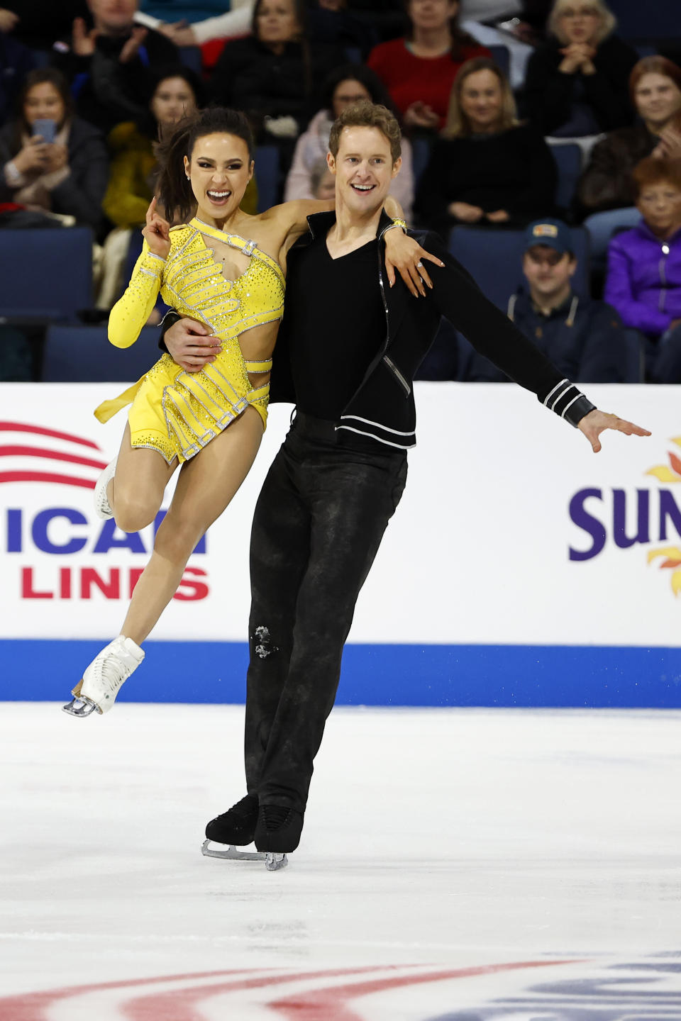 Madison Chock, left, and Evan Bates, of the United States, compete in the ice dance rhythm dance program during the Skate America figure skating event in Allen, Texas, Saturday, Oct. 21, 2023. (AP Photo/Roger Steinman)