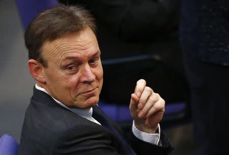 FILE PHOTO - Parliamentary faction leader of Germany's Social Democratic Party (SPD) Thomas Oppermann attends a session of the lower house of parliament, the Bundestag, in Berlin February 20, 2014. REUTERS/Thomas Peter