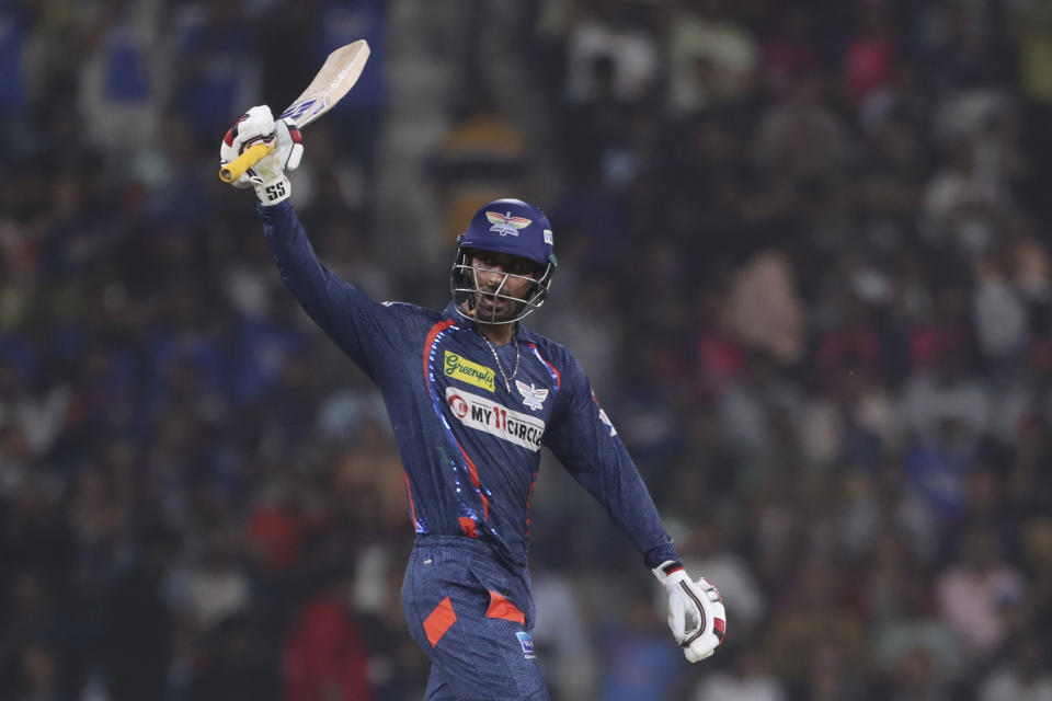 Lucknow Super Giants' Deepak Hooda celebrates scoring fifty runs during the Indian Premier League cricket match between Rajasthan Royals and Lucknow Super Giants in Lucknow, India, Saturday, April 27, 2024. (AP Photo/Pankaj Nangia)