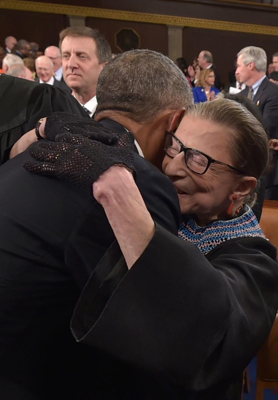 <p>While speaking at the White House Conference on Aging, President Barack Obama cited Ginsburg as a prime example of how senior citizens are still productive and vital members of society. "Arguably the toughest justice on the Supreme Court is the oldest, Ruth Bader Ginsburg," <a href="http://thehill.com/homenews/administration/247693-obama-name-checks-notorious-rbg" rel="nofollow noopener" target="_blank" data-ylk="slk:Obama said;elm:context_link;itc:0;sec:content-canvas" class="link ">Obama said</a>. "Also known as the Notorious RBG. She’s tough." </p><p>Pictured here, the two share a warm embrace at the 2015 State of the Union Address. </p>