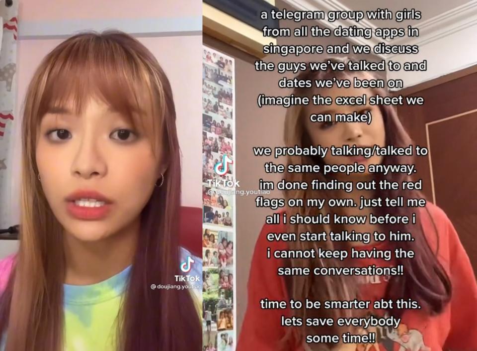 Singaporean TikToker Koh Boon Ki started a Telegram group chat for girls to share gossip about men they had dated, but deleted it after users began doxxing people. (Screenshots from TikTok/@doujiang.youtiao)