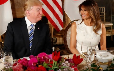 President Donald Trump and first lady Melania Trump host Japanese Prime Minister Shinzo Abe and his wife Akie Abe for dinner at Trump's private Mar-a-Lago club, Wednesday, April 18, 2018 - Credit: Pablo Martinez Monsivais/AP