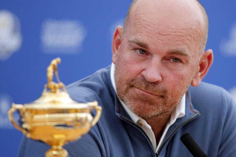 Europe Captain Thomas Bjorn listens to question during a news conference hold with USA Captain Jim Furik ahead of the Ryder Cup at the Golf National in Guyancourt, outside Paris, France, Monday, Sept. 24, 2018. The 42nd Ryder Cup Matches will be held in France from Sept. 28-30, 2018, at the Albatros Course of Le Golf National. (AP Photo/Francois Mori)