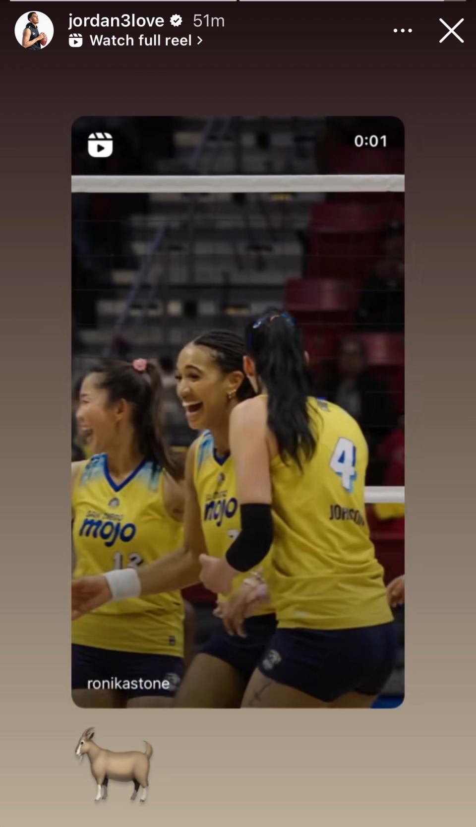 Green Bay Packers quarterback Jordan Love used a goat emoji to describe the play of his girlfriend, Ronika Stone, during her first season with the San Diego Moji volleyball team.