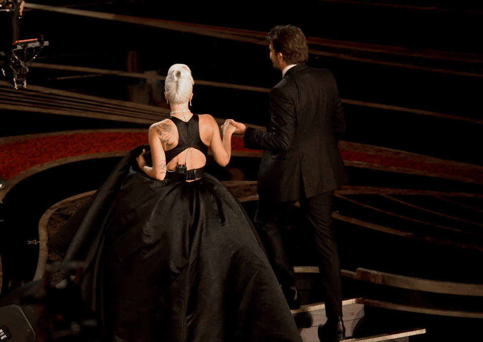 HOLLYWOOD, CALIFORNIA - FEBRUARY 24: (L-R) Lady Gaga and Bradley Cooper perform onstage during the 91st Annual Academy Awards at Dolby Theatre on February 24, 2019 in Hollywood, California. (Photo by Kevin Winter/Getty Images)