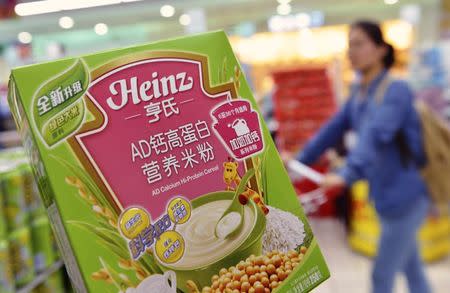 A box of Heinz AD Calcium Hi-Protein Cereal, which is part of a batch of the cereal not affected by a recent recall, is pictured at a supermarket in Hangzhou, Zhejiang province August 18, 2014. REUTERS/Stringer