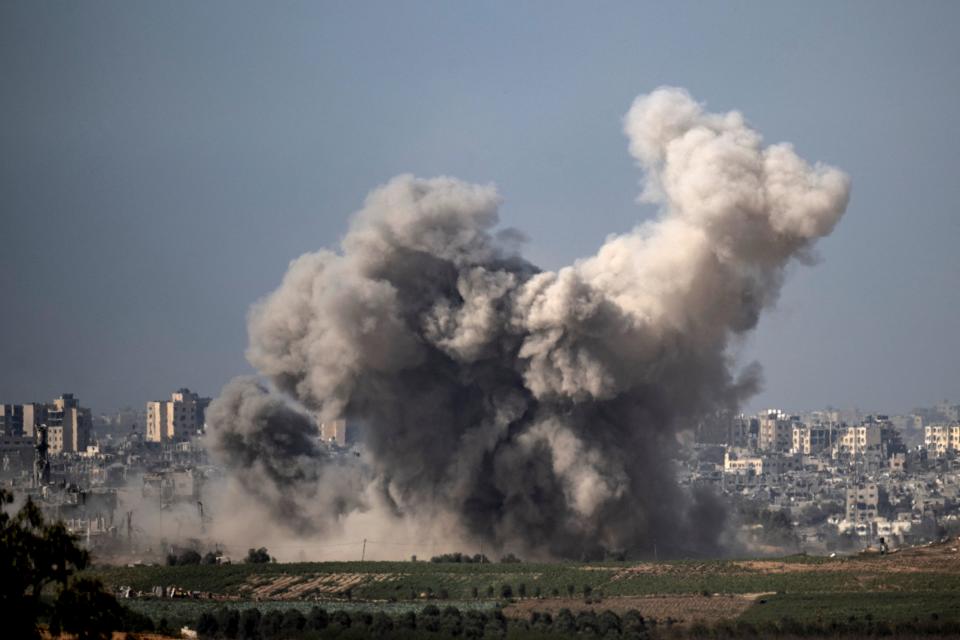 This picture taken from Sderot along the border with the Gaza Strip early on November 6, 2023, shows smoke rising from northern Gaza after Israeli strikes, amid ongoing battles between Israel and the Palestinian Hamas movement. (Photo by Aris MESSINIS / AFP) (Photo by ARIS MESSINIS/AFP via Getty Images)