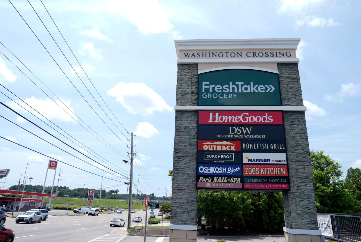 The logo for the new FreshTake Grocery on the Washington Crossing shopping center sign off Washington Road on Monday, July 8, 2024.