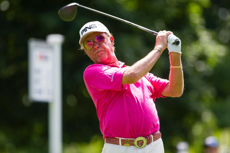 Miguel Ángel Jiménez drives during the opening round of the U. S. Senior Open Thursday, June 27, 2019 at Warren Golf Course in South Bend.