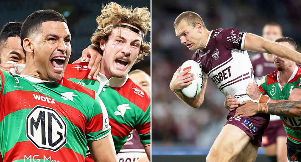 These images show NRL players from the Rabbitohs and Sea Eagles who will be competing in Las Vegas.