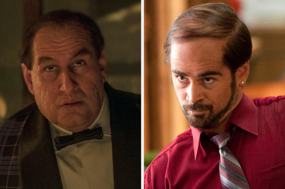 Colin Farrell in split-screen: on the left, transformed as the Penguin in "The Batman" with makeup and prosthetics, and on the right, in a red shirt from "Horrible Bosses."