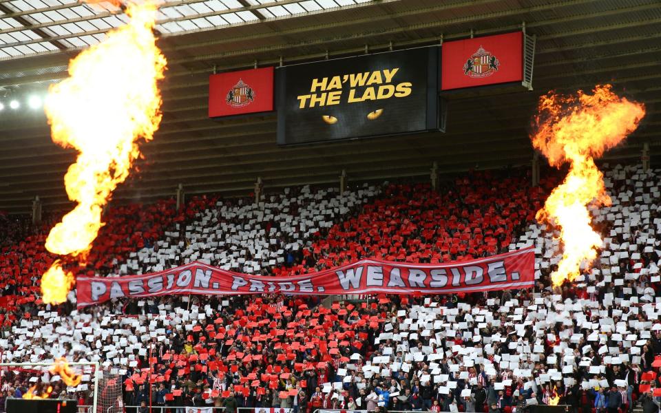 Fans of Sunderland hold up a banner during the Sky Bet League One Play-Off Semi Final - GETTY IMAGES