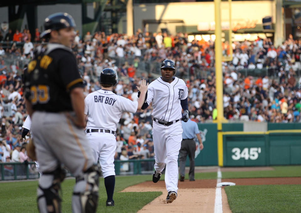 DETROIT, MI - MAY 18: Delmon Young #21 of the Detroit Tigers rounds third base after hitting a solo home run in the fourth inning during the game against the Pittsburgh Pirates at Comerica Park on May 18, 2012 in Detroit, Michigan. (Photo by Leon Halip/Getty Images)