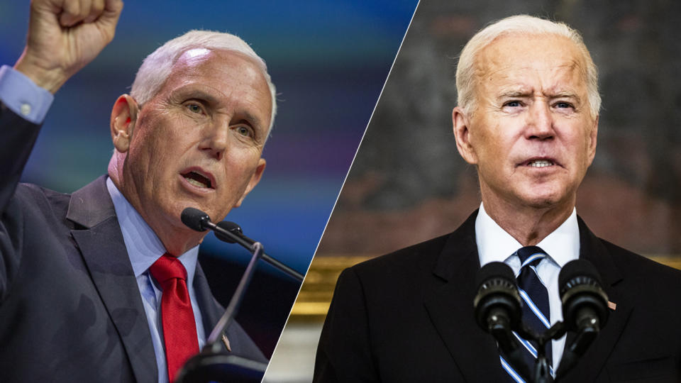 Former Vice President Mike Pence; President Biden. (Rachel Mummey/Bloomberg via Getty Images, Samuel Corum/Bloomberg via Getty Images)