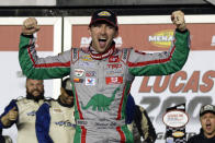 Michael Self celebrates in Victory Lane after winning the ARCA auto race at Daytona International Speedway, Saturday, Feb. 8, 2020, in Daytona Beach, Fla. (AP Photo/Terry Renna)