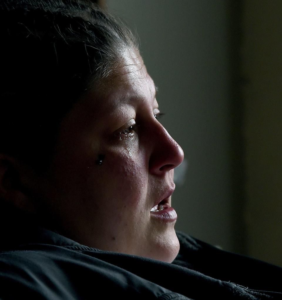 Tears flowed down Maricella Ramirez, 34, cheeks as she talks about her years of mental illness at the Oaks Homeless Shelter. "I am putting my life together, I have goals," said Ramirez April 18, 2023. The picture was part of the feature picture story by Tom Hawley that earned an HM in the MPPA contest.