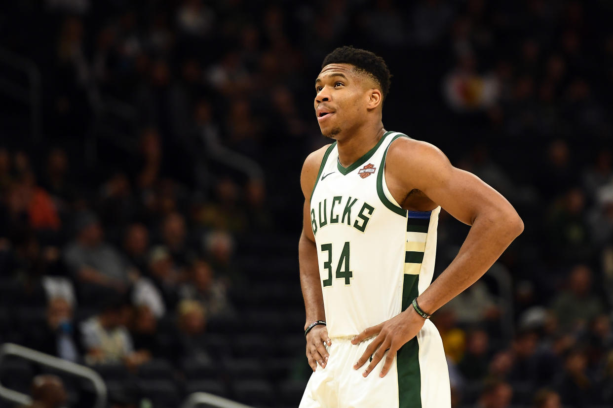 MILWAUKEE, WISCONSIN - OCTOBER 17:  Giannis Antetokounmpo #34 of the Milwaukee Bucks walks backcourt during a game against the Minnesota Timberwolves at Fiserv Forum on October 17, 2019 in Milwaukee, Wisconsin. NOTE TO USER: User expressly acknowledges and agrees that, by downloading and or using this photograph, User is consenting to the terms and conditions of the Getty Images License Agreement.  (Photo by Stacy Revere/Getty Images)