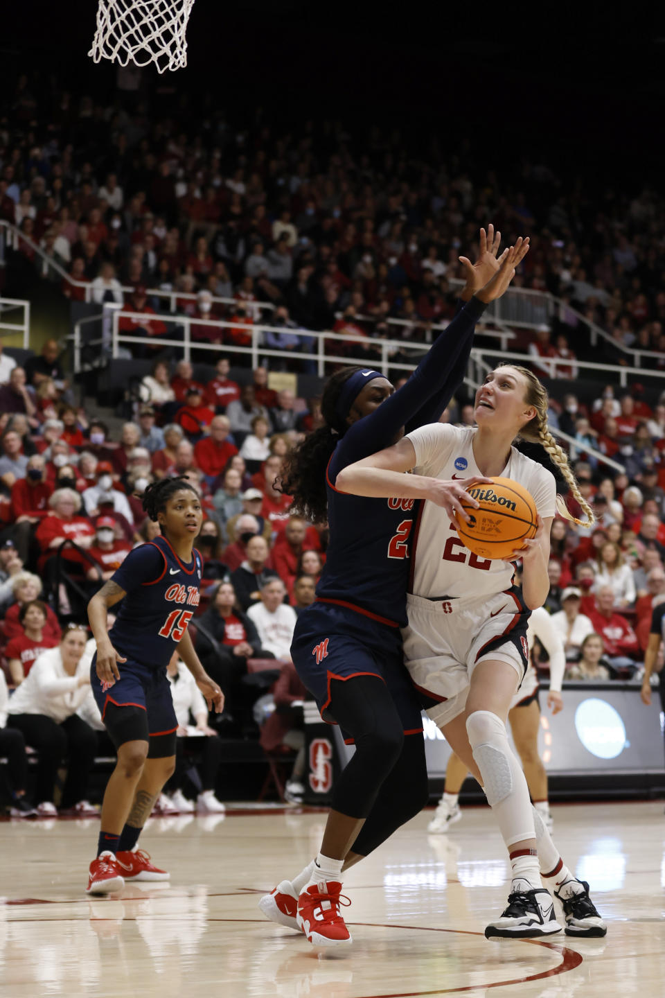 Mississippi forward Tyia Singleton (22) defends Stanford forward Cameron Brink (22) during the second half of a second-round college basketball game in the women's NCAA Tournament, Sunday, March 19, 2023, in Stanford, Calif. (AP Photo/Josie Lepe)