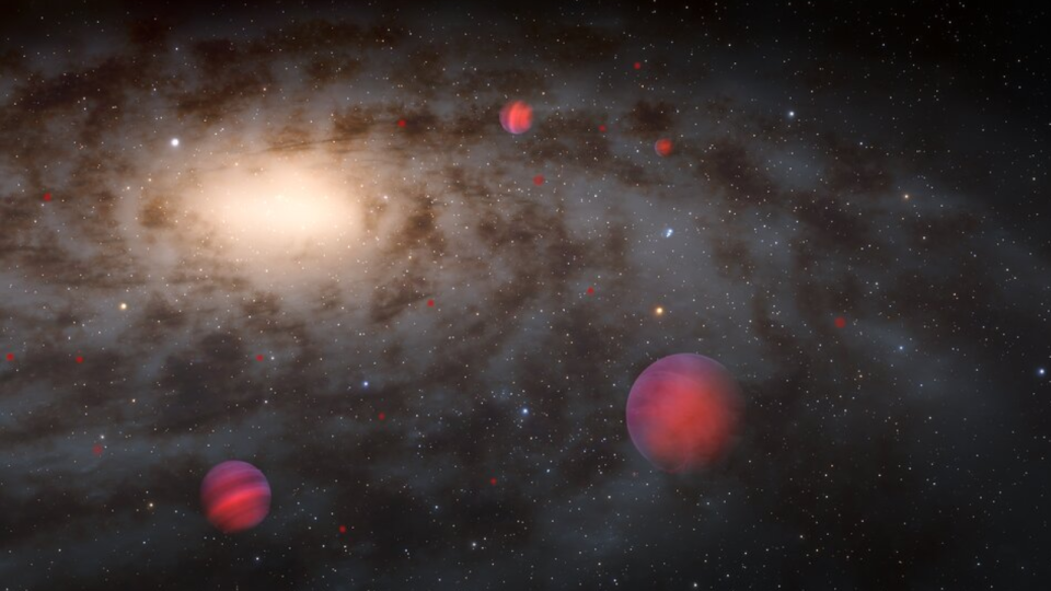     Illustration of several faint brown dwarfs surrounding a galaxy, viewed from a perspective slightly above the disk. The galaxy occupies the upper left quadrant of the image, a glowing disk extending outward from the field of view. The center of the galaxy is a bright yellow glow at the upper left. The bright center rapidly fades to a fainter glow in the outer parts of the galaxy. Dark dust clouds spiral outward from the center, obscuring some of the glow. Two fully rendered brown dwarfs are visible in the center and left, glowing red-orange and with horizontal lines representing cloud bands. Several reddish dots of varying sizes dot the galaxy further away, representing older brown dwarfs detected by the Rubin Observatory. The background is black, interspersed with white pinpoints of distant galaxies. 