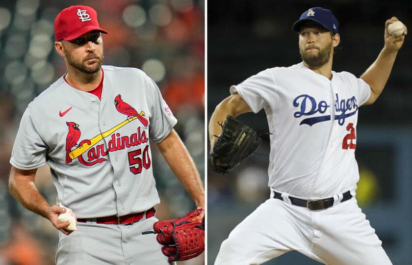 LEFT: St. Louis Cardinals starting pitcher Adam Wainwright looks on between pitches.