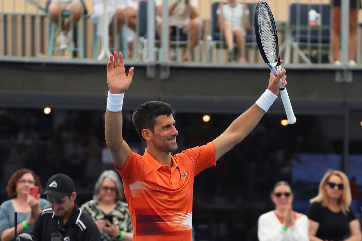 Novak Djokovic celebrates his first singles victory of 2023 at the Adelaide International (Kelly Barnes/AP) (AP)