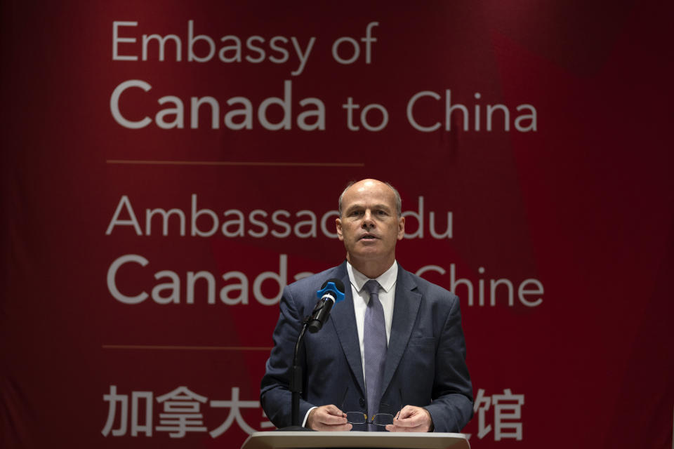 Jim Nickel, the deputy chief of mission for the Canadian Embassy in China, speaks at an event held in connection with the announcement of the sentence for Canadian citizen Michael Spavor at the Canadian Embassy in Beijing, Wednesday, Aug. 11, 2021. A Chinese court has sentenced Canadian Michael Spavor to 11 years on spying charges in case linked to Huawei. (AP Photo/Mark Schiefelbein)