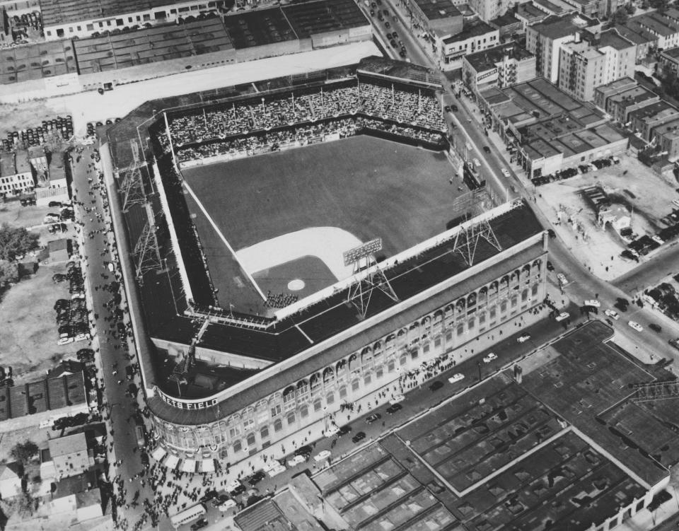 FILE - This July 1954 file photo shows an aerial view of Ebbets Field stadium in the Brooklyn borough of New York. With the new movie "42" bringing the Jackie Robinson story to a whole new generation, fans young and old may be interested in seeing some of the places in Brooklyn connected to the Dodger who integrated Major League Baseball. (AP Photo, file)