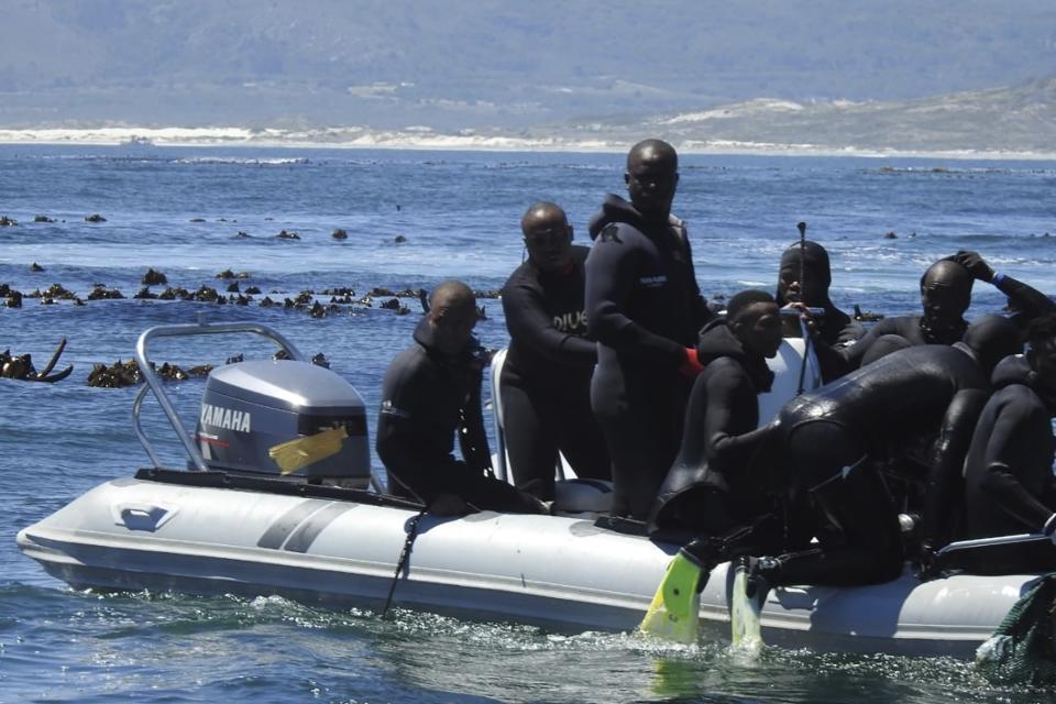 A boat of poachers moves close to Dyer Island off the coast of Gansbaai, South Africa. The poachers arrive in groups in broad daylight on pickup trucks and in their wetsuits, rubber duck boats towed behind them. (Courtesy of Community Against Abalone Poaching via AP)