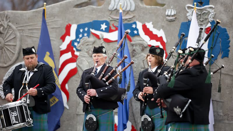 The Utah Pipe Band performs during a Veterans Day ceremony at Veterans Memorial Park in West Jordan on Nov. 11, 2021.