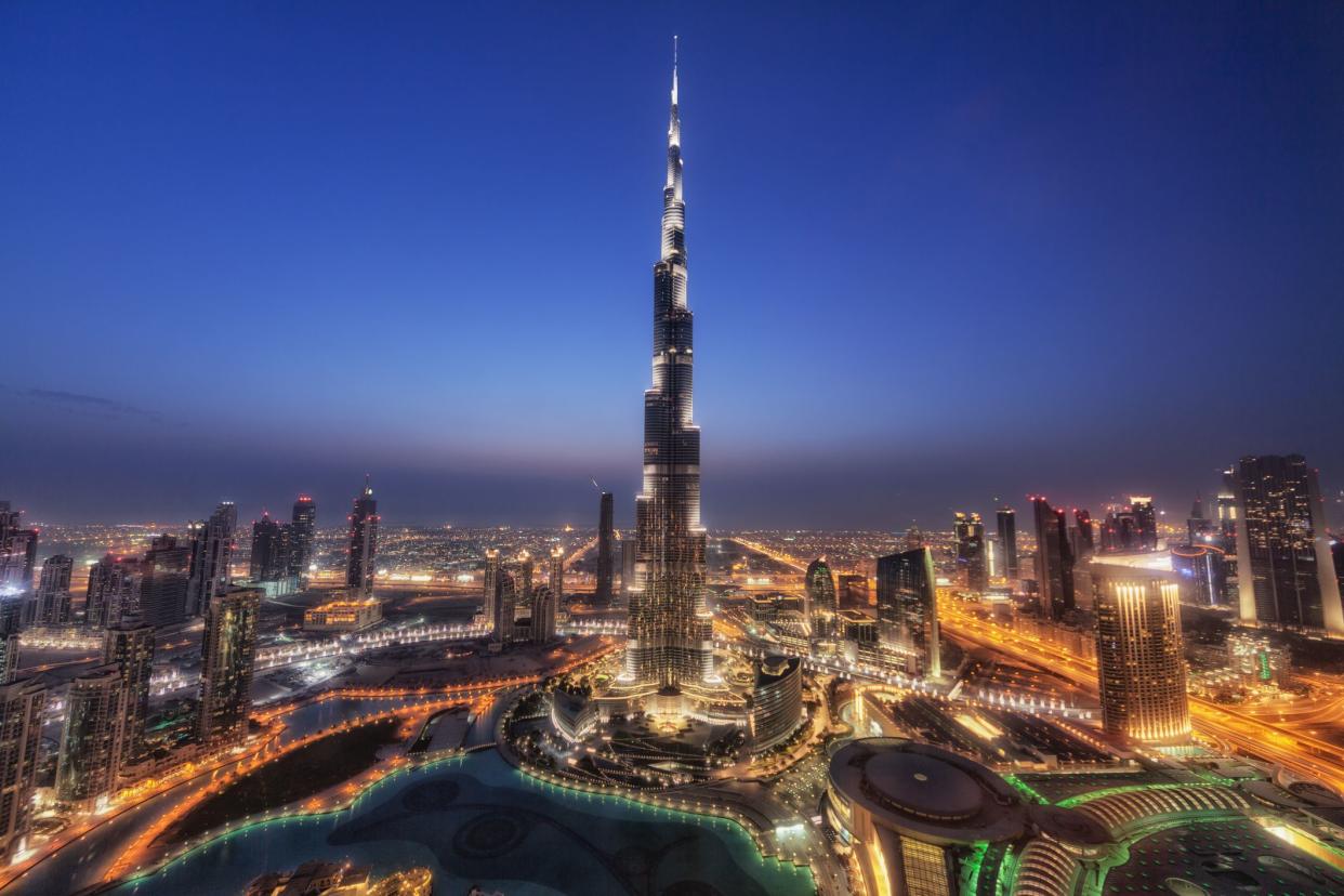 This is a night view of Burj Khalifa in Dubai, UAE.The night view of Dubai is well known worldwide as a tourist destination in UAE.