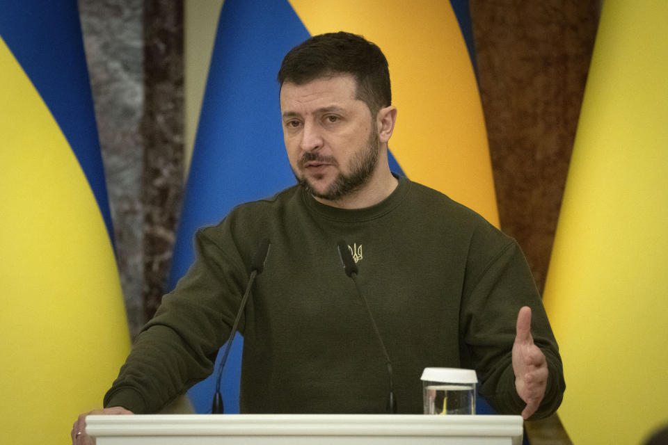 Ukrainian President Volodymyr Zelenskyy, attend a joint news conference with Swedish Prime Minister Ulf Kristersson in Kyiv, Ukraine, Wednesday, Feb. 15, 2023. (AP Photo/Efrem Lukatsky)