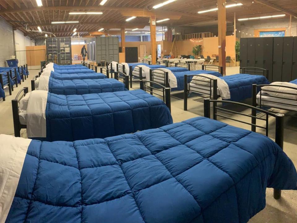 Beds at the now-closed Welcome Inn temporary winter shelter in Kelowna, B.C. Non-profit shelter operators have written a joint letter to the province and municipalities asking for more housing for people living with homelessness and addiction. (Photo by Jason Siebenga - image credit)