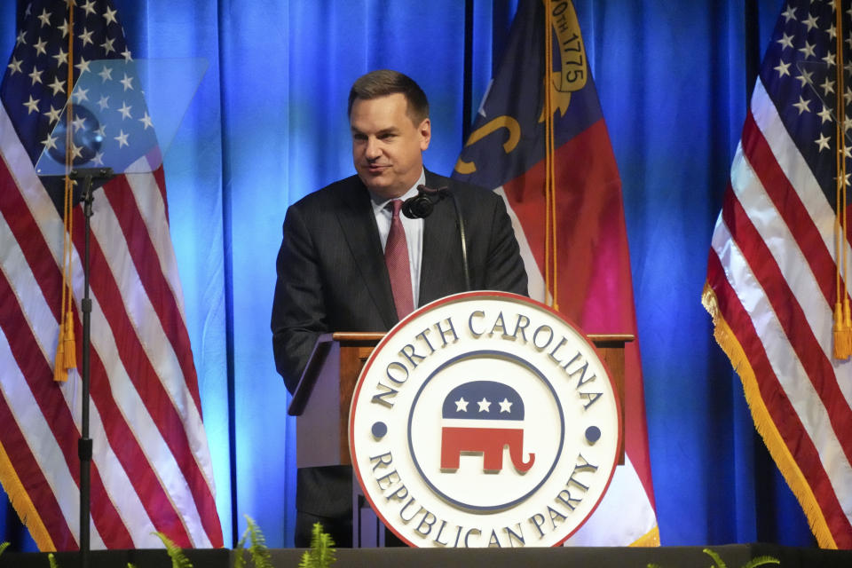Rep. Richard Hudson, R-N.C., speaks at the North Carolina Republican Party Convention on June 10, 2023, in Greensboro, N.C. California is again emerging as a critical battleground in the fight to control the U.S. House. Leaders in both parties are predicting they can flip seats in the liberal state in next year's election. (AP Photo/Meg Kinnard, File)