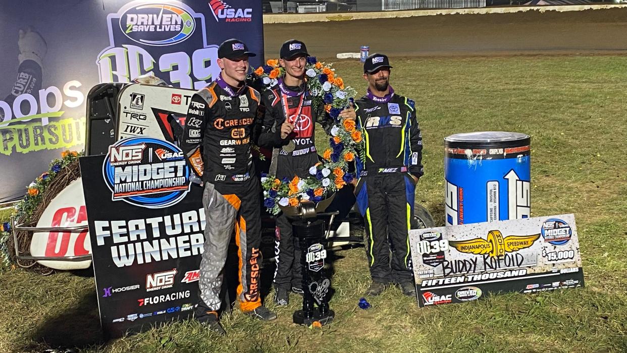 From left to right: Cannon McIntosh, Buddy Kofoid, and Thomas Meseraull pose as the top-3 finishers following the BC39, August 4th, 2022