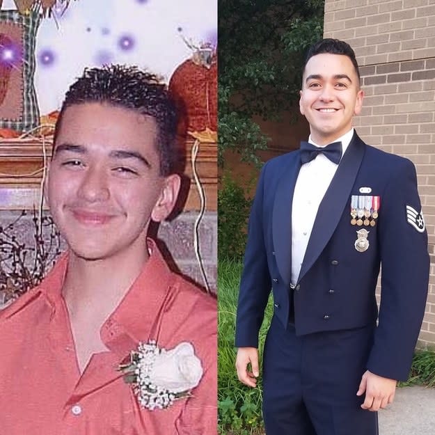 a teenager smiling and wearing a polo shirt; a man smiling in a tux with Air Force jacket