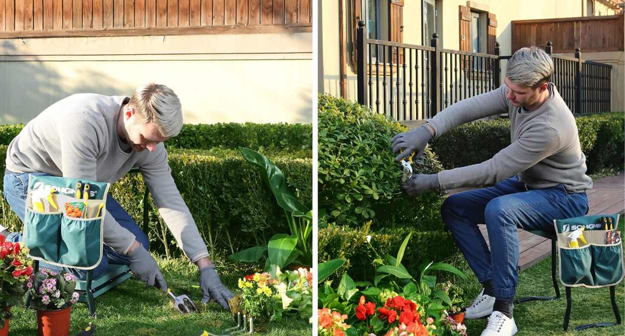 garden bench, man kneeling in grass in garden, man sitting on bench tending to garden outside 