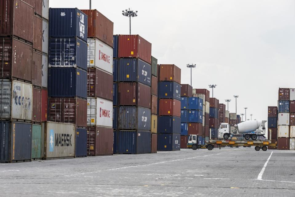 Shipping containers stacked at Westport.