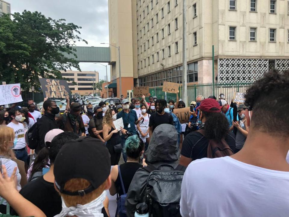 Protesters gather peacefully before starting a march through downtown Miami on Tuesday June 2, 2020.