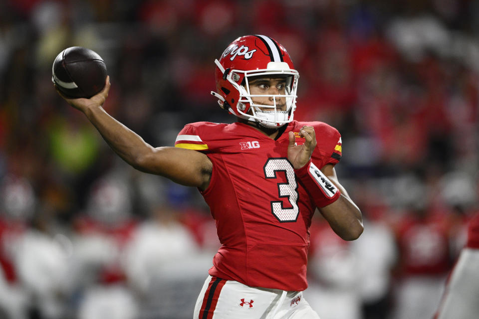 Maryland quarterback Taulia Tagovailoa (3) passes the ball during the first half of an NCAA college football game against Charlotte, Saturday, Sept. 9, 2023, in College Park, Md. (AP Photo/Nick Wass)