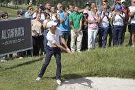 World number 1 tennis player Novak Djokovis plays out of the rough on the 1st green during an all stars golf match between Team Colin Montgomerie and Team Cory Pavin at the Marco Simone Golf Club in Guidonia Montecelio, Italy, Wednesday, Sept. 27, 2023. The Ryder Cup starts Sept. 29, at the Marco Simone Golf Club. (AP Photo/Andrew Medichini)